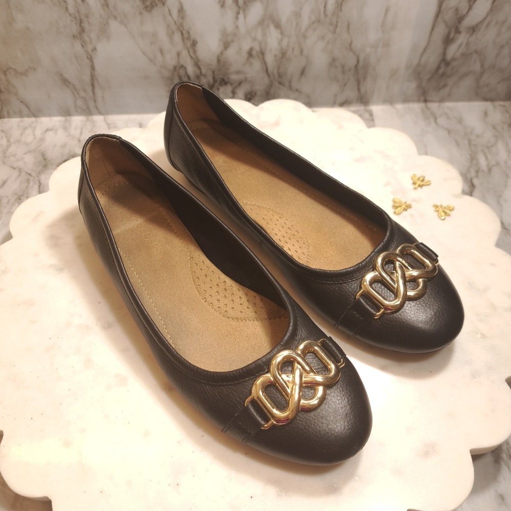 Aerosoles Women's Flats 9 1/2 M Gold Buckle Accent Black Leather Comfort Ballet